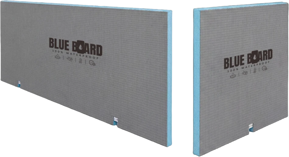 שני פאנלים של לוח לאמבטיה עם מיתוג BLUE BOARD וליבה כחולה בקצוות