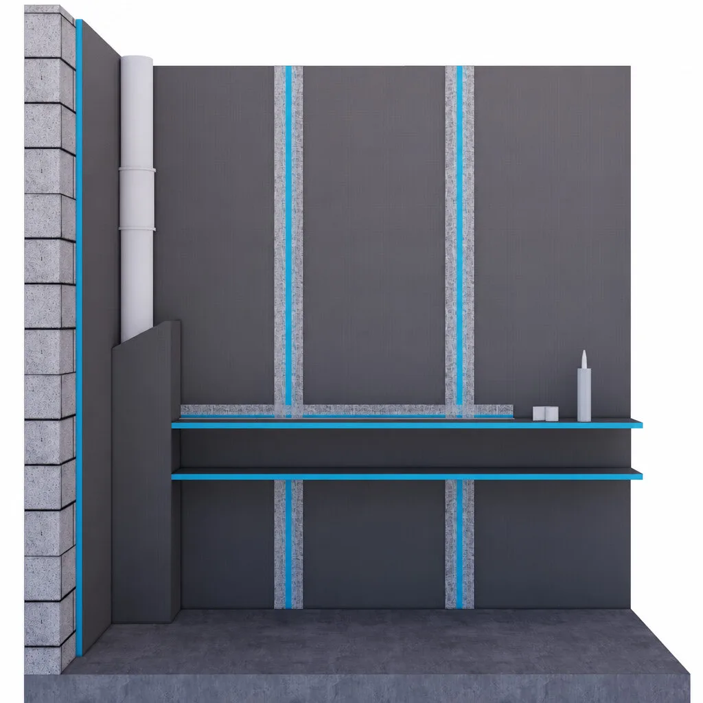 חתך קיר בלוקים עם צנרת מים אנכית מכוסה בלוח BLUE BOARD, ולצדו מדפים שקועים